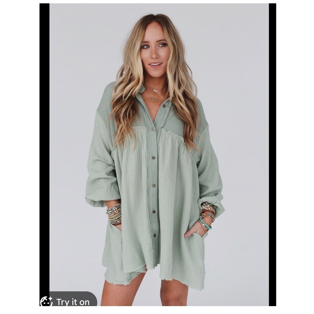 Three Bird Nest Sunday Kind Of Love Dress Sage Green Waffle Knit Gauze Small new